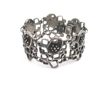 profile Guy Vidal Canada vintage brutalist pewter openwork panel link bracelet shadowbox motif Canadian Modernist jewelry design