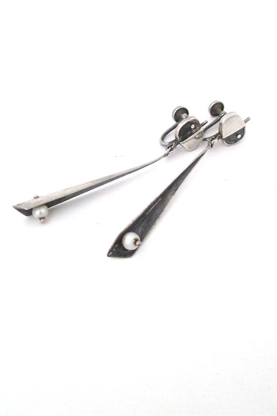 Ed Wiener American Modernist sterling silver pearl long drop earrings
