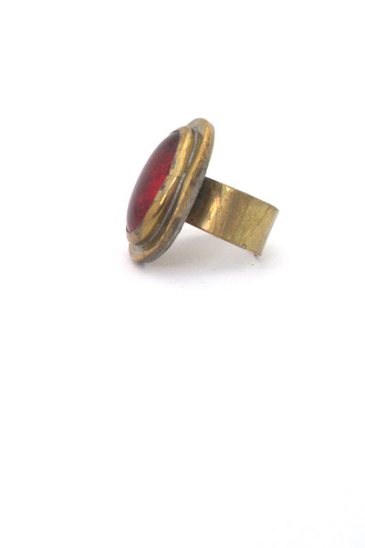 profile Rafael Alfandary Canada vintage brutalist brass clear red oval ring