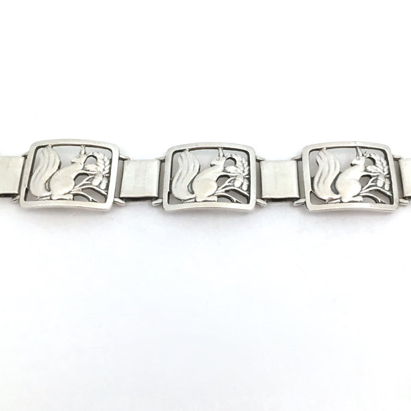 detail C Brumberg Hansen Denmark vintage silver squirrels acorns panel link bracelet Scandinavian Modernist jewelry design