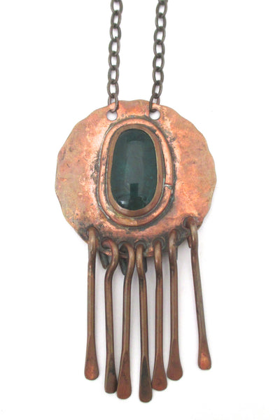 detail Rafael Alfandary Canada vintage copper clear green glass stone kinetic fringe pendant necklace