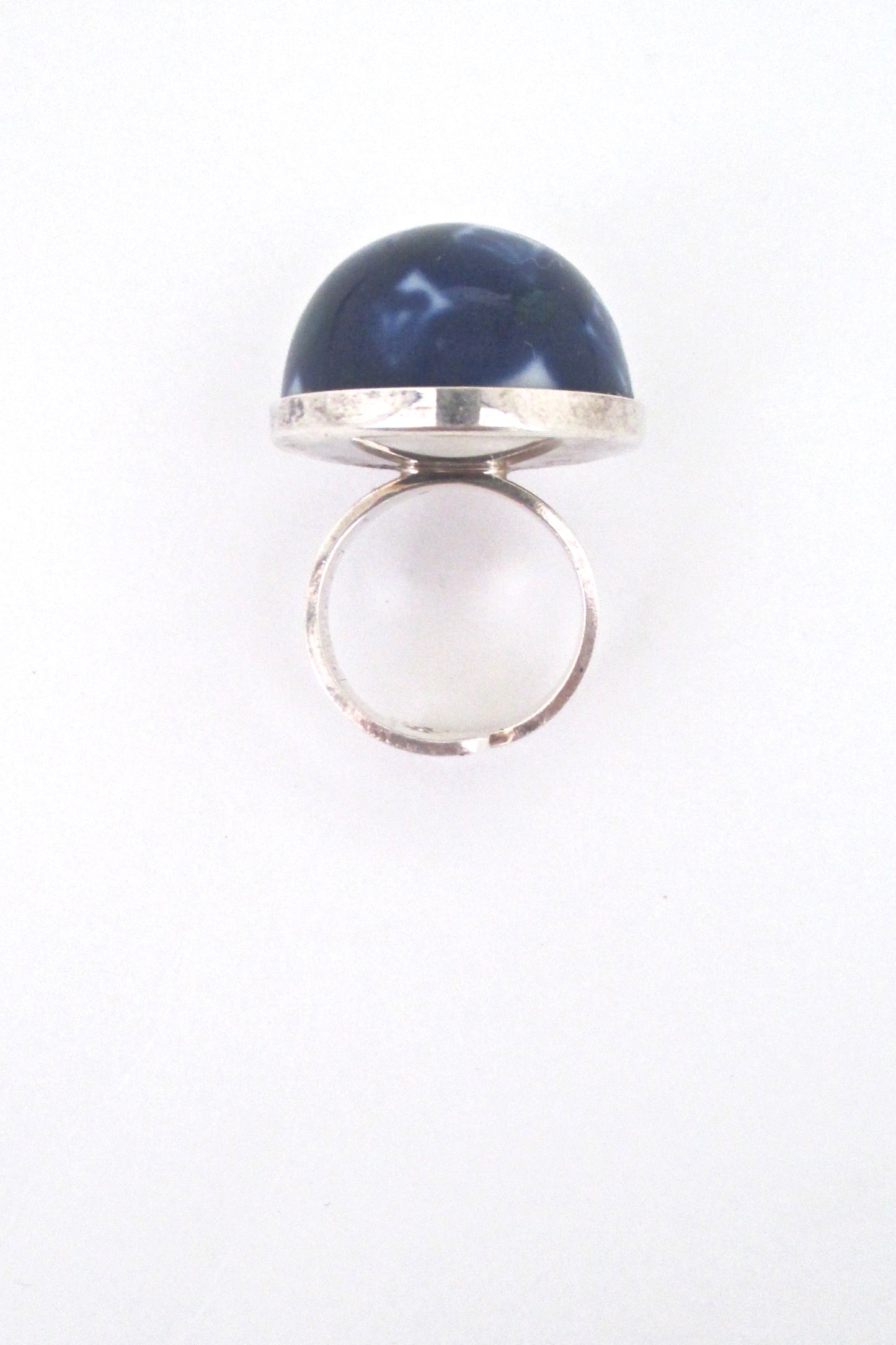 detail Porsgrund Norway vintage silver porcelain large dome ring cobalt blue 
