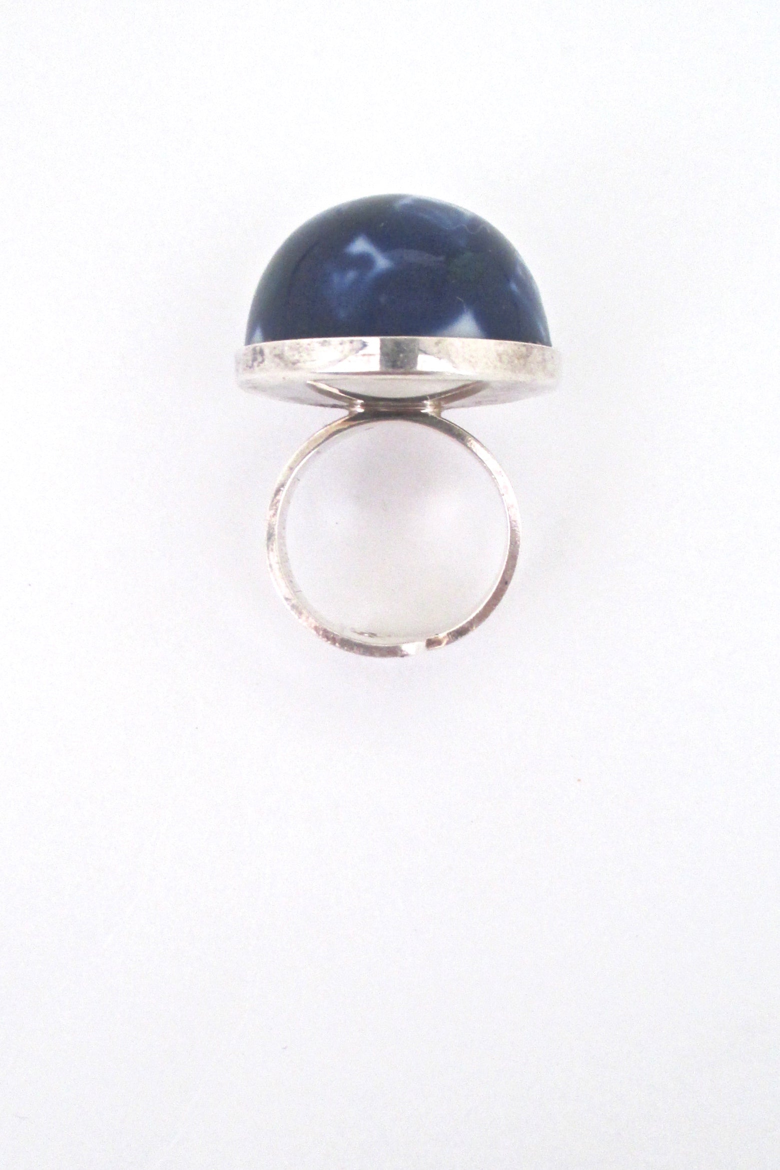 detail Porsgrund Norway vintage silver porcelain large dome ring cobalt blue 