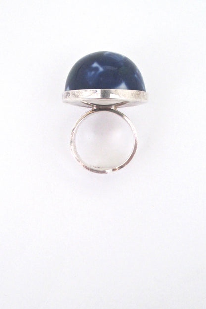 detail Porsgrund Norway vintage silver porcelain large dome ring cobalt blue 