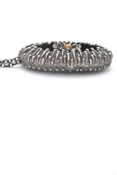 profile Robert Larin Canada vintage brutalist pewter extra large pod pendant necklace bronze sphere