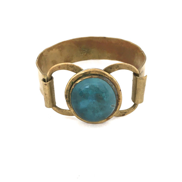 Rafael Canada vintage brass hinged bracelet ~ round aqua blue cabochon