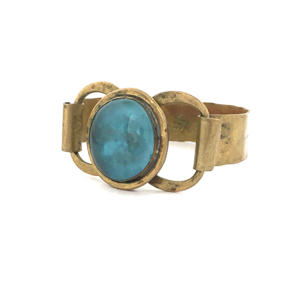 detail Rafael Alfandary Canada vintage brass aqua clear blue stone hinged bracelet Modernist jewelry design