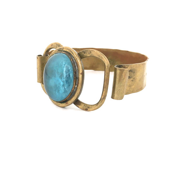 clasp Rafael Alfandary Canada vintage brass aqua clear blue stone hinged bracelet Modernist jewelry design