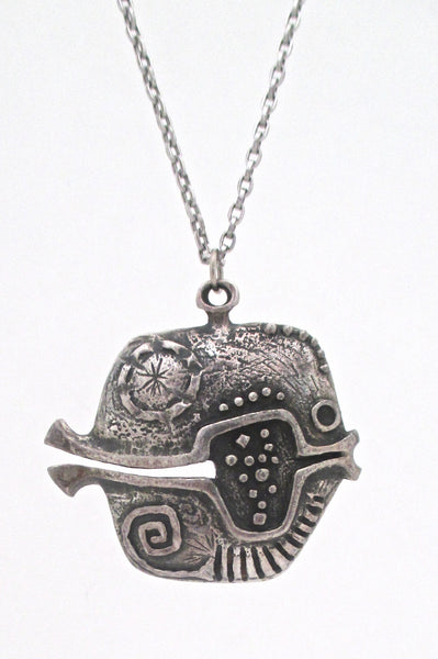 detail Guy Vidal Canada vintage brutalist pewter fish pendant necklace