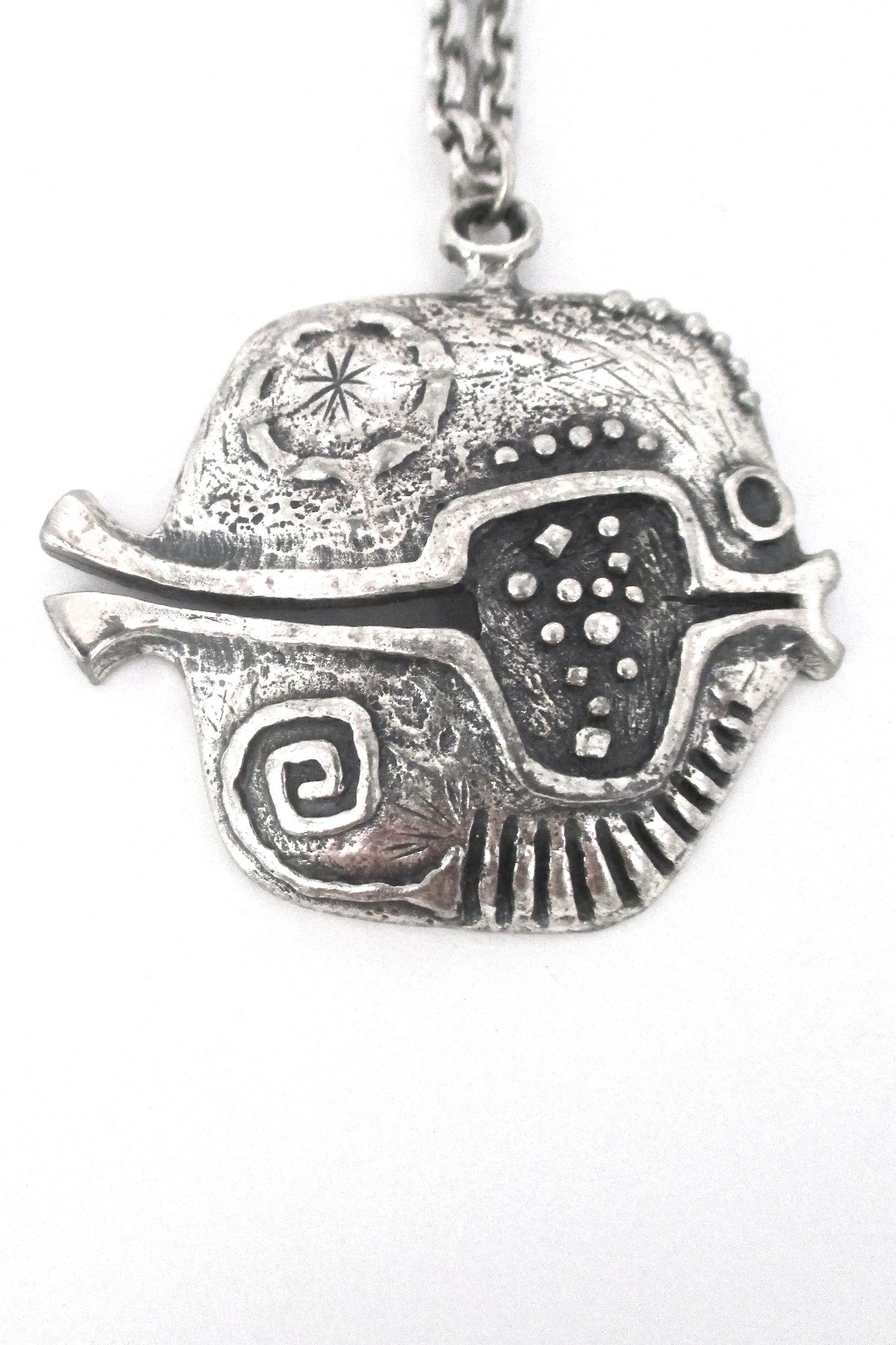 Guy Vidal Canada vintage brutalist pewter pierced fish pendant necklace