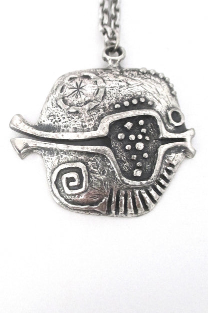Guy Vidal Canada vintage brutalist pewter pierced fish pendant necklace