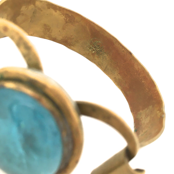 Rafael Canada vintage brass hinged bracelet ~ round aqua blue cabochon