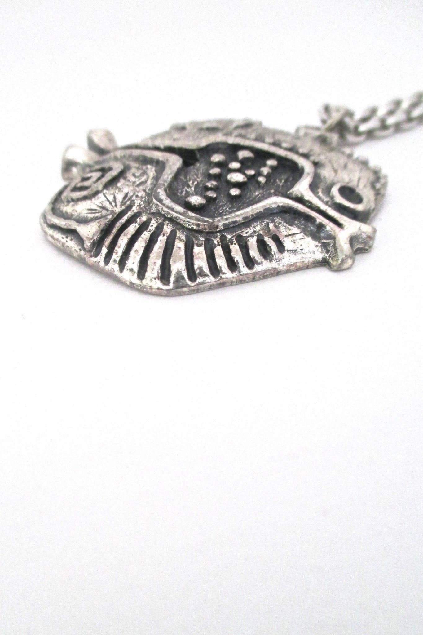profile Guy Vidal Canada vintage brutalist pewter pierced fish pendant necklace