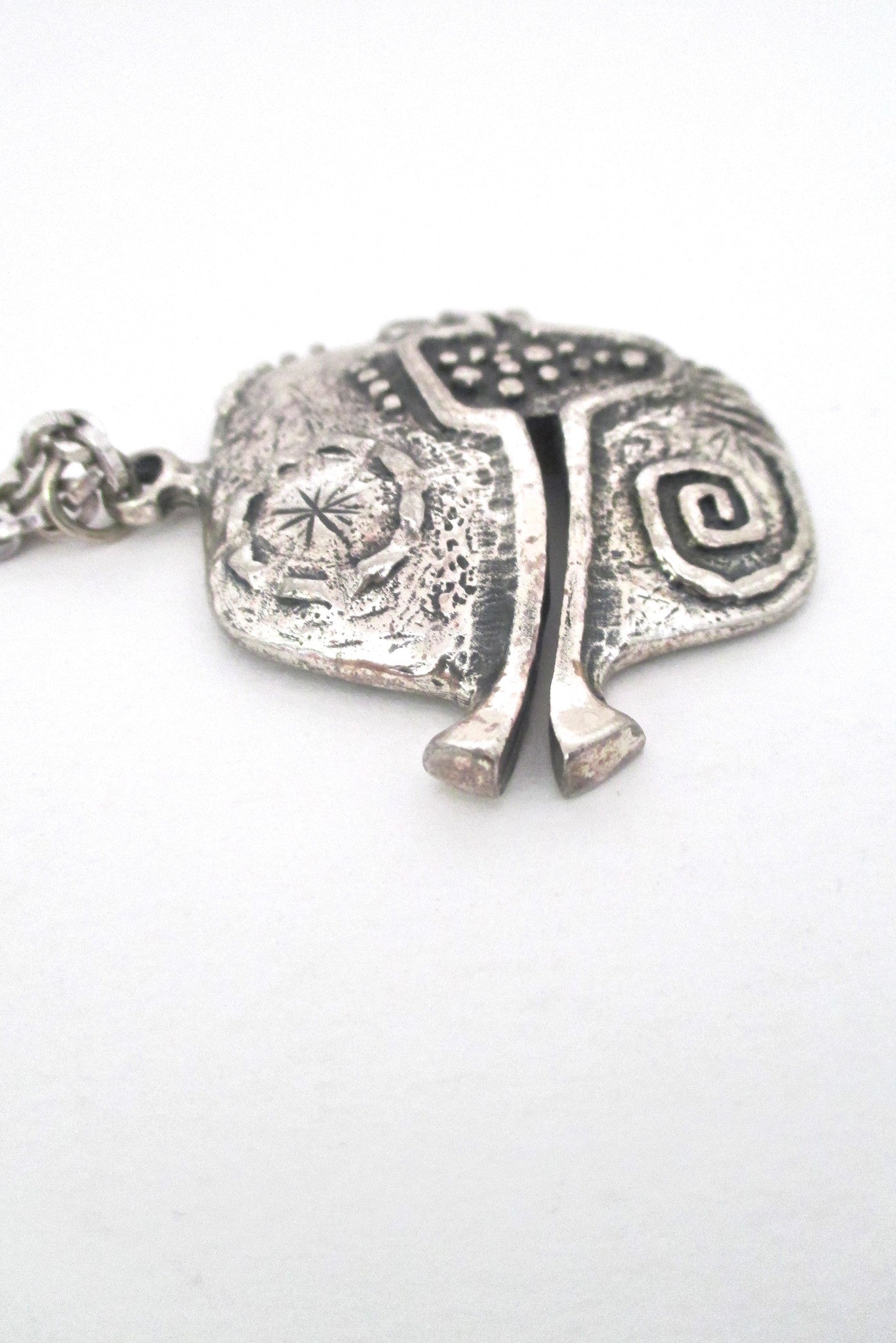 detail Guy Vidal Canada vintage brutalist pewter pierced fish pendant necklace