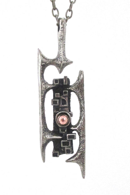detail Robert Larin Canada vintage brutalist pewter and bronze openwork pendant necklace