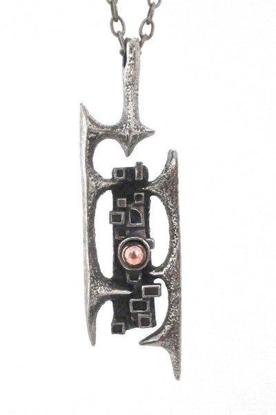 detail Robert Larin Canada vintage brutalist pewter and bronze openwork pendant necklace