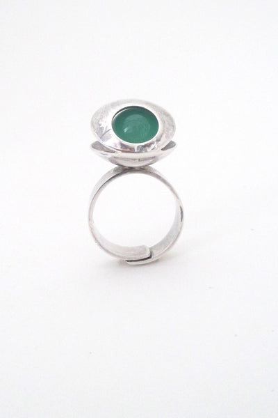 back Elis Kauppi for Kupittaan Kulta Finland vintage Scandinavian Modern silver chrysoprase kinetic ring