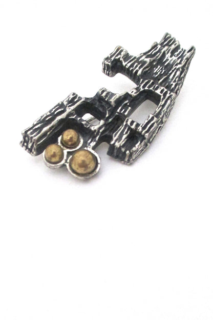 detail Robert Larin Canada vintage brutalist bronze and pewter openwork brooch