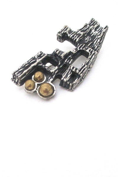 detail Robert Larin Canada vintage brutalist bronze and pewter openwork brooch