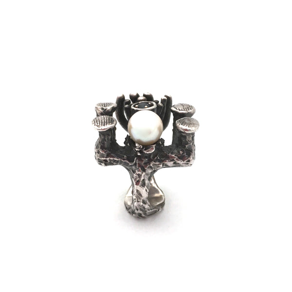 Walter Schluep large brutalist silver ring with sapphire & pearl