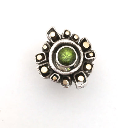 detail Walter Schluep Canada large vintage silver and gold brutalist ring with peridot mid century modernist jewelry design