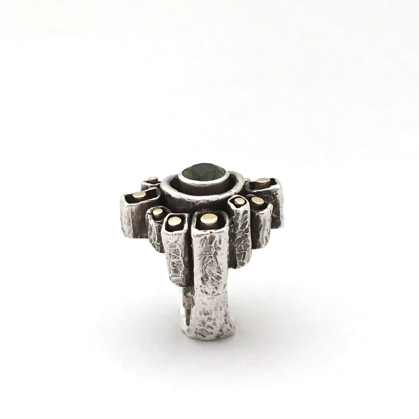 profile Walter Schluep Canada large vintage silver and gold brutalist ring with peridot mid century modernist jewelry design