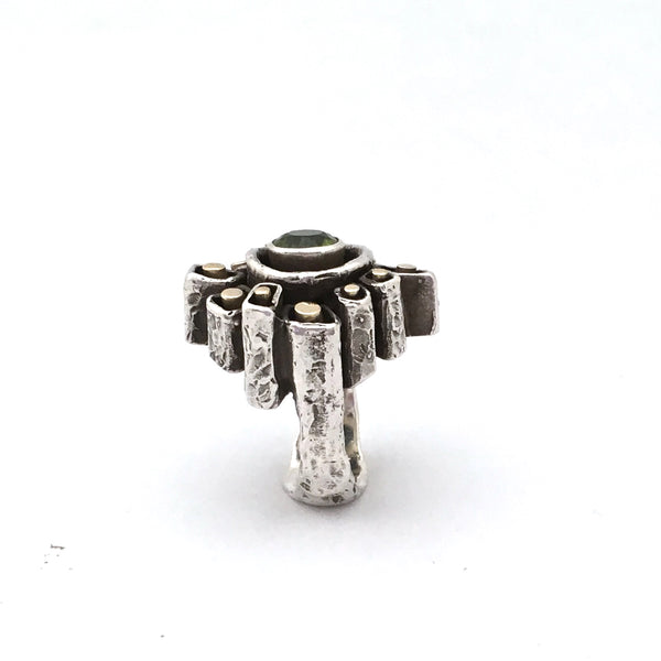 Walter Schluep large brutalist silver & gold ring set with peridot