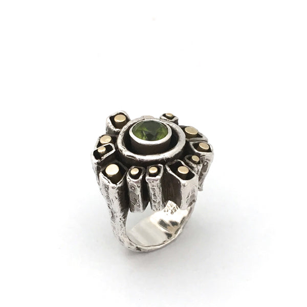 Walter Schluep large brutalist silver & gold ring set with peridot