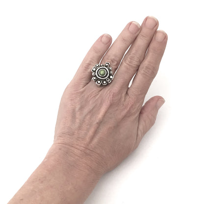 Walter Schluep large brutalist silver & gold ring set with peridot