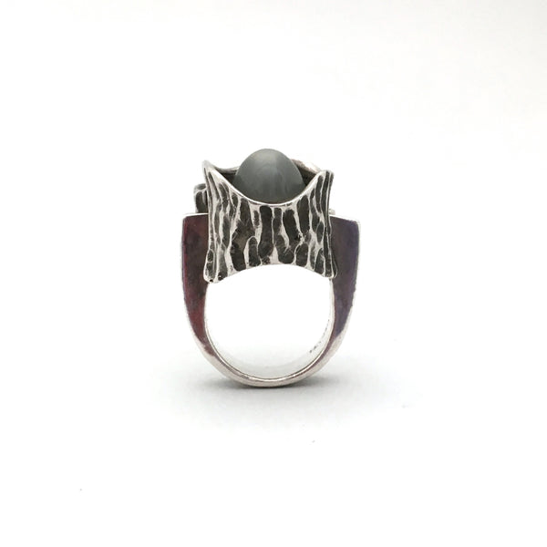 Walter Schluep large brutalist silver ring set with moonstone & diamonds