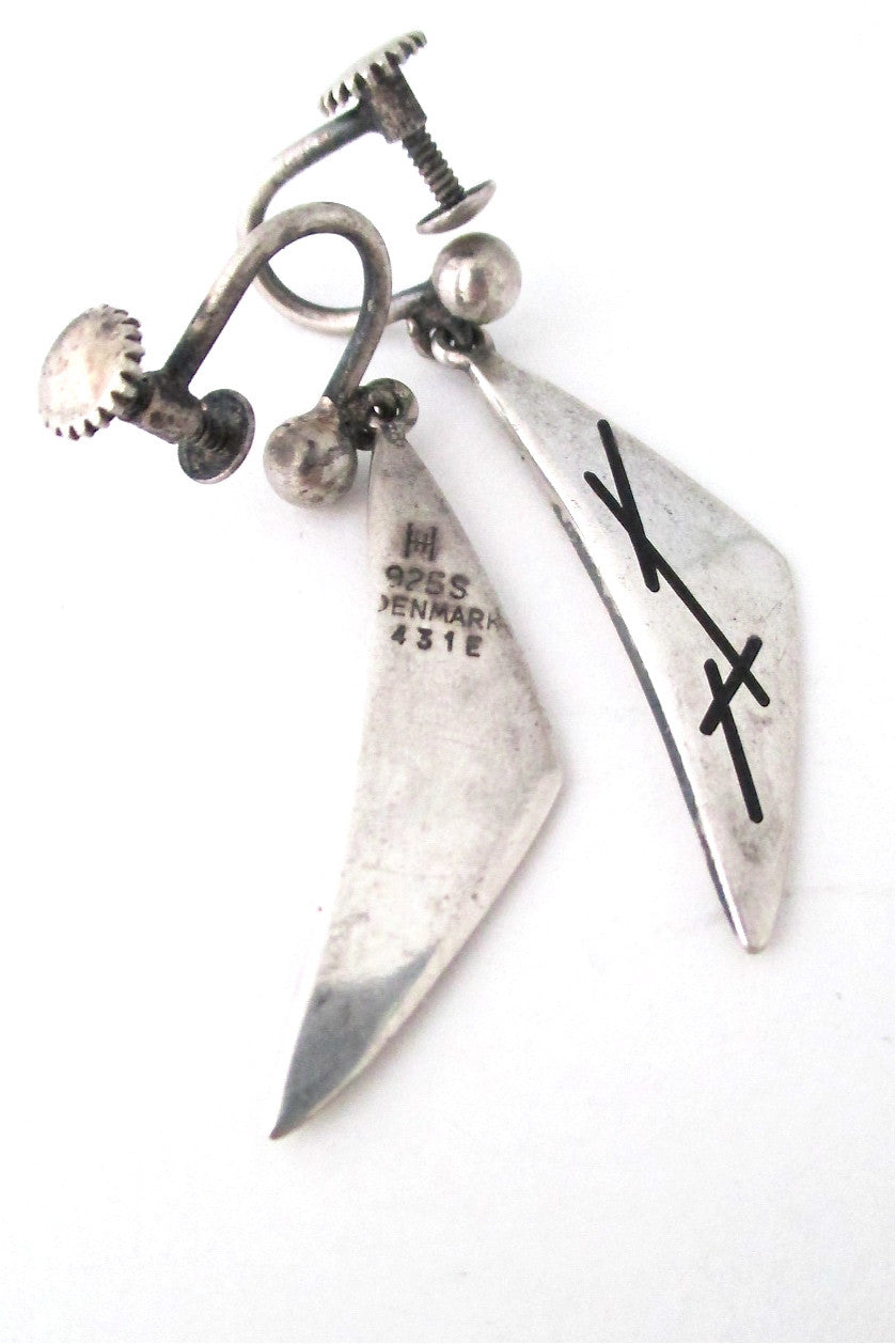 Hans Hansen Denmark vintage Scandinavian modernist silver enamel peaks drop earrings