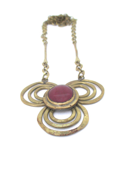 detail Rafael Alfandary Canada vintage brutalist brass and red glass trefoil necklace