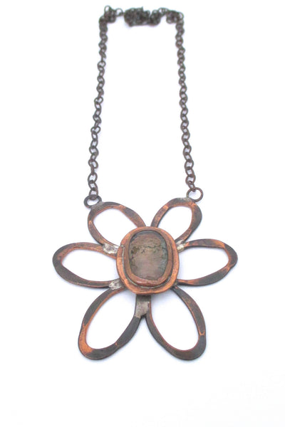 Rafael Alfandary Canada vintage brutalist copper and clear large daisy pendant necklace