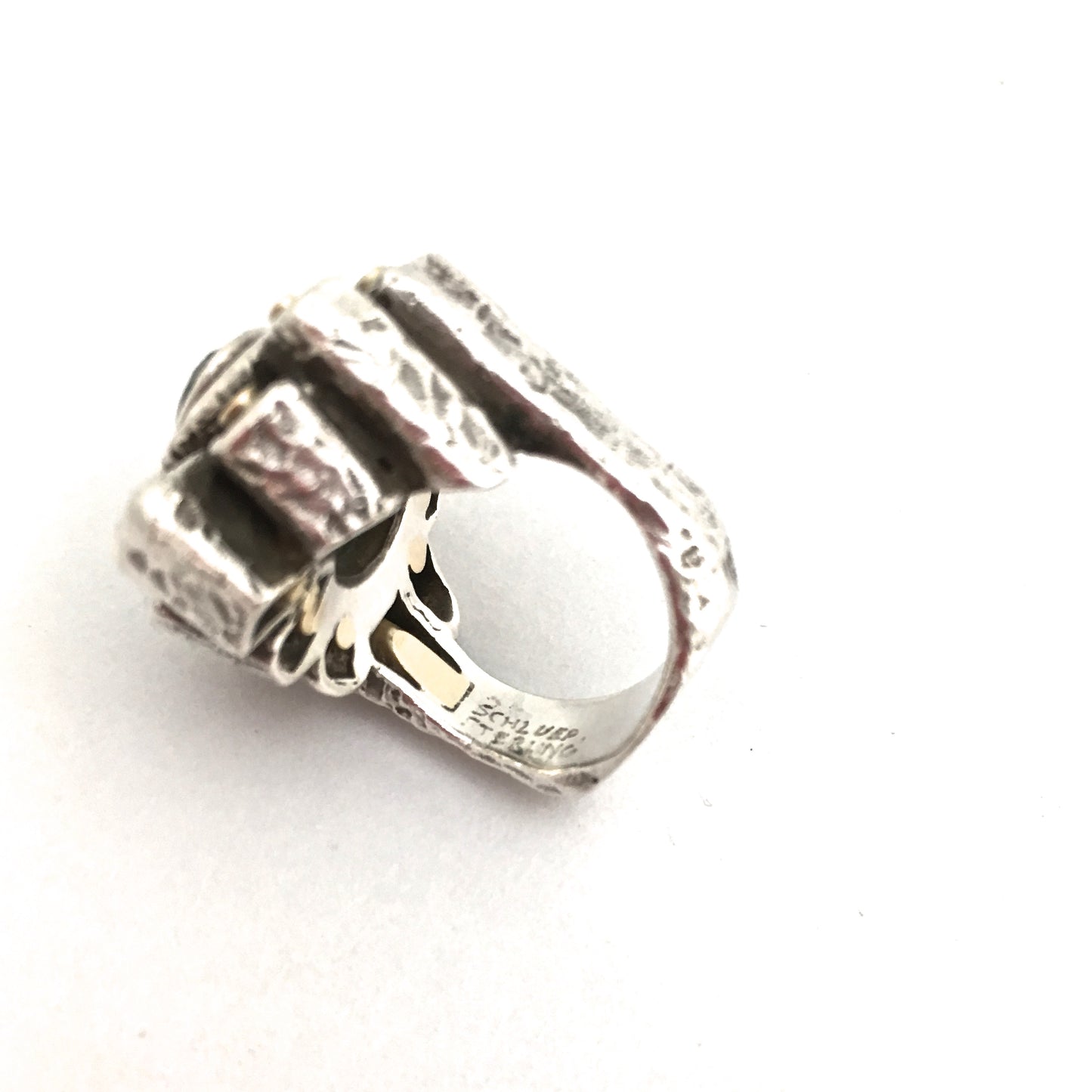 Walter Schluep large brutalist silver & gold ring set with peridot