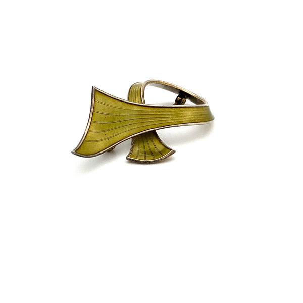 detail Ivar Holth Norway vintage silver enamel curvy ribbon brooch in chartreuse Scandinavian Modern jewelry design