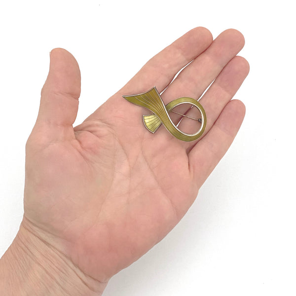 scale Ivar Holth Norway vintage silver enamel curvy ribbon brooch in chartreuse Scandinavian Modern jewelry design