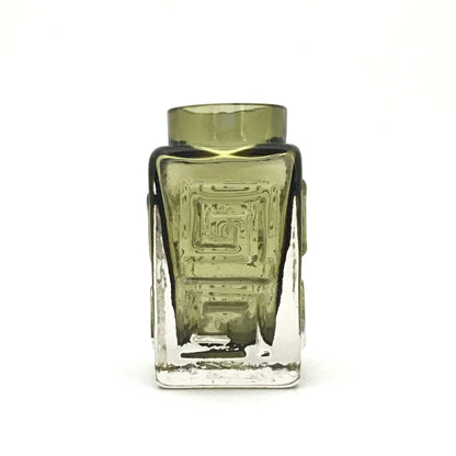 profile Whitefriars England small Greek Key vintage glass vase sage green rare mid century modernist design