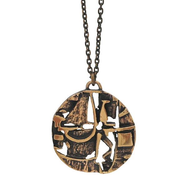 detail Jorma Laine Finland vintage textured bronze round pendant necklace Scandinavian Modern design jewelry