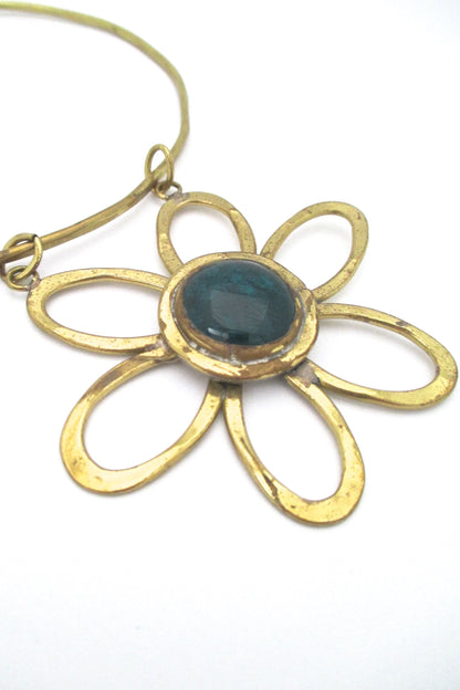 detail Rafael Alfandary Canada vintage brutalist daisy choker necklace teal stone original tag NOS