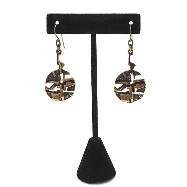 detail Jorma Laine Finland vintage textured bronze round drop earrings Scandinavian Modern jewelry design