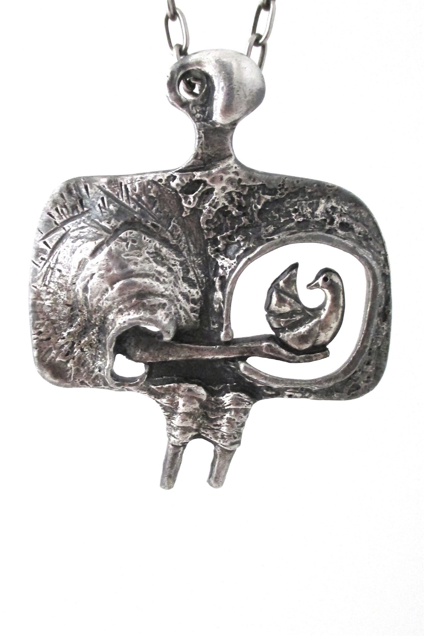 Guy Vidal Canada vintage brutalist pewter woman and bird pendant necklace