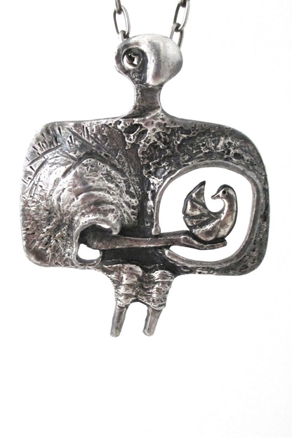Guy Vidal Canada vintage brutalist pewter woman and bird pendant necklace