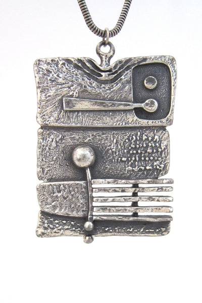 detail Guy Vidal Canada vintage brutalist pewter dimensional stripes pendant necklace