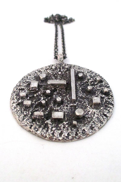 Robert Larin Canada vintage modernist brutalist pewter syicks and stones pendant necklace