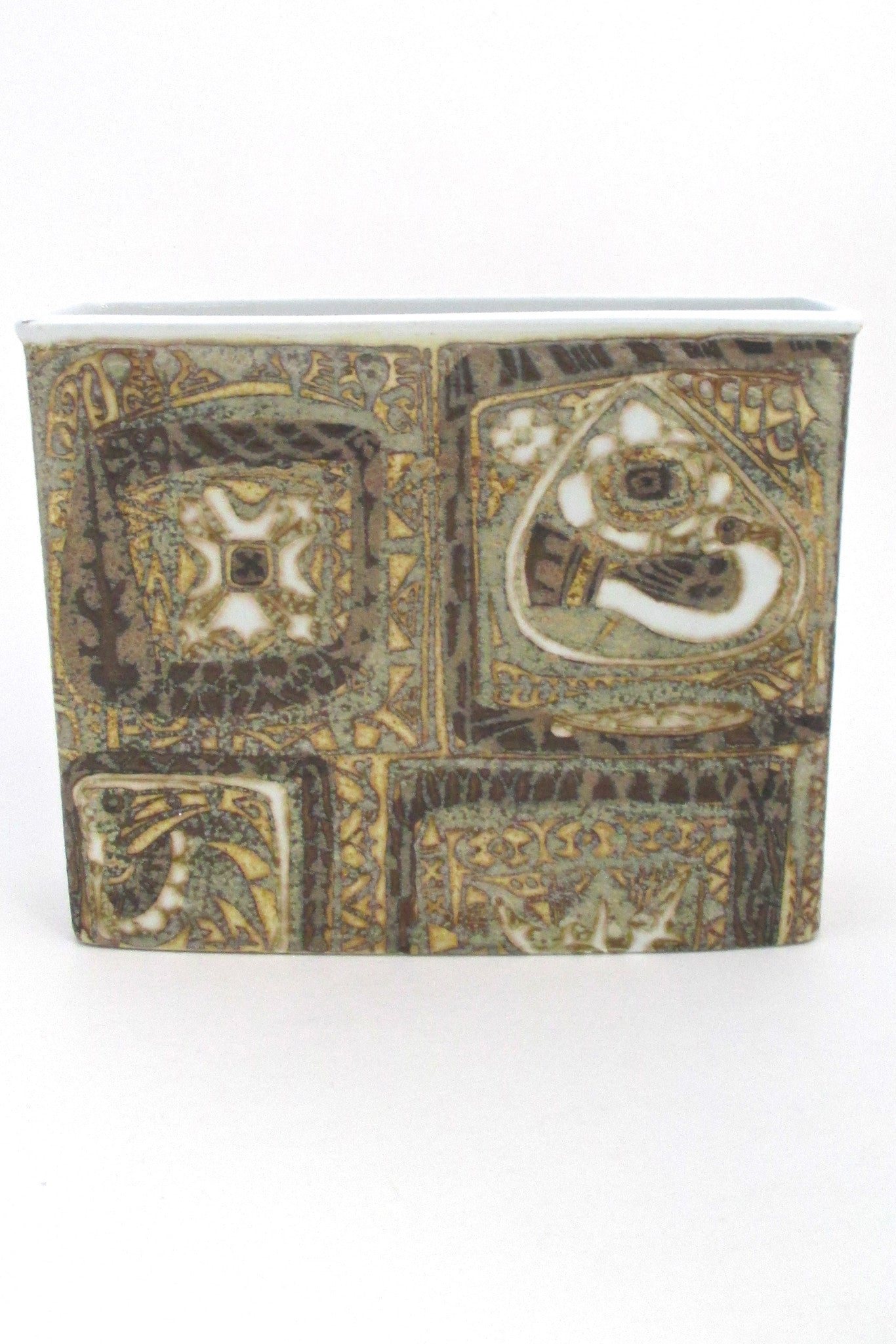 back Nils Thorsson for Royal Copehagen Denmark vintage rectangular Baca faience ceramic bird vase
