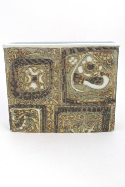 back Nils Thorsson for Royal Copehagen Denmark vintage rectangular Baca faience ceramic bird vase