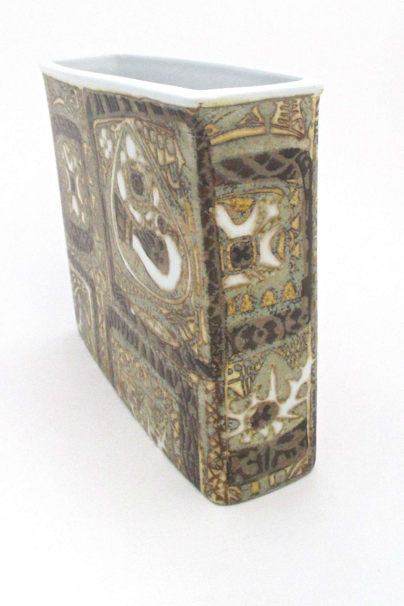 side Nils Thorsson for Royal Copehagen Denmark vintage rectangular Baca faience ceramic bird vase