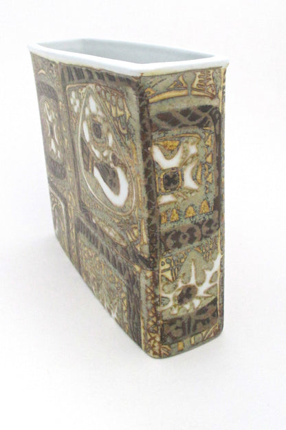 side Nils Thorsson for Royal Copehagen Denmark vintage rectangular Baca faience ceramic bird vase