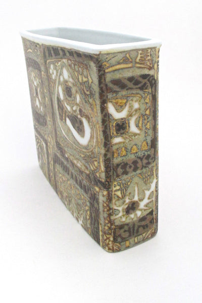 side Nils Thorsson for Royal Copehagen Denmark vintage rectangular Baca faience ceramic bird vase