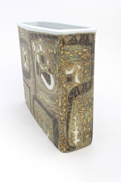 detail Nils Thorsson for Royal Copehagen Denmark vintage rectangular Baca faience ceramic bird vase